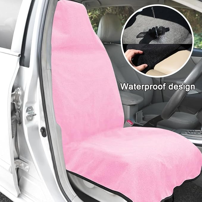 Waterproof Car Towel Seat Cover, Sweating Non-Slip Premium Towel Carseat Cover Protector, Universal Soft Machine Washable Car Truck SUV Front Seat Cover for Gym Workout Beach Hiking (Pink)