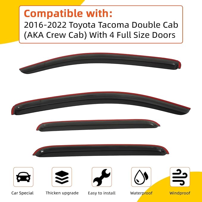 Window Visor Rain Guards Compatible with 2016-2022 Tacoma Double/Crew Cab with 4 Full Size Doors Tape-On(No-Drill Smoke Wind Deflectors Vent Visors for Trucks