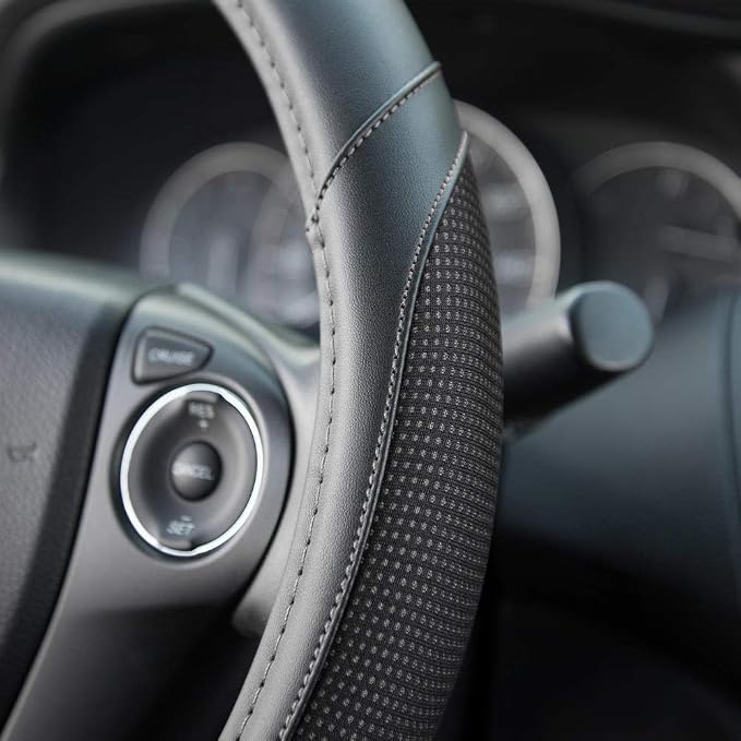 White Steering Wheel Cover - Dotted Comfort Polyester Grip on Stitched Synthetic Leather, White/Black