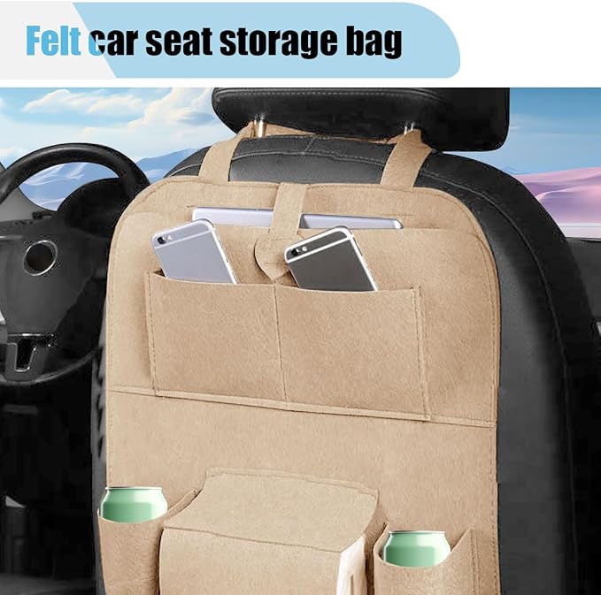 LAINLOY Felt Car Seat Back Organizer, Kick Mats Car Back Seat Protector for Kids, 6-Pocket Storage for Tissue, Box, Pen, Toy, Automobile Road Trip Accessories for SUV, RV, Truck (Beige)