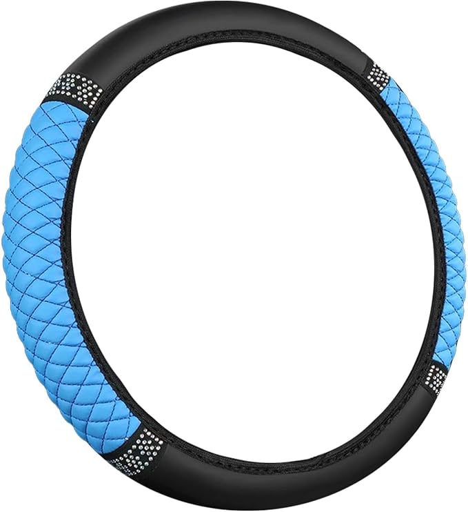Bling Car Steering Wheel Cover, 15 Inch Rhinestones Soft Leather Elastic Steering Wheel Protector, Sparkly Crystal Diamond for Women, Car Interior Accessories for Most Cars (Blue)