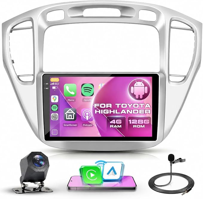 4G+ 128G Car Radio for Toyota Highlander 2000-2007, 9 Inch Double Din Car Stereo with Wireless Carplay and Android Auto Mirror Link, Bluetooth WiFi GPS Navigation SWC Backup Camera EQ FM/RDS