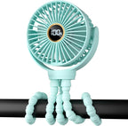 Portable Stroller Mini Fan, Small Rechargeable Personal Fan, Travel Essentials for Baby, Wagon, Car Seat, Treadmill, Battery Powered Biking Gear Accessories, 360° Rotation, 3-Speed, Display, Aqua