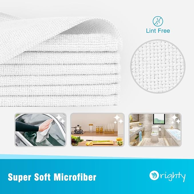 Orighty Microfiber Cleaning Cloth, 12 Pack Microfiber Towels for Cars, Highly Absorbent Car Cleaning Supplies, Lint Free Cloths Clean Rags for Car Care, House, Kitchen, 12x11 inch, White