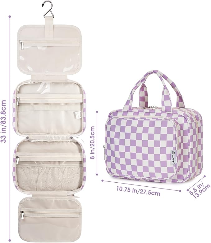 Hanging Toiletry Bag for Women Travel Makeup Bag Organizer Toiletries Bag for Travel Size Essentials Accessories Cosmetics (Purple Checkerboard (Medium))