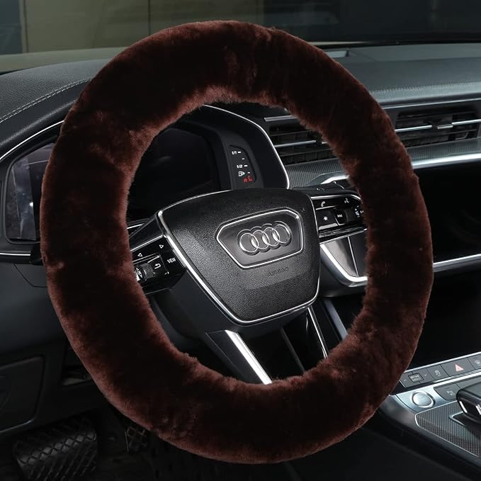 Fluffy Fur Wool Sheepskin car Steering Wheel Cover, Fuzzy Protector for Universal Steering Wheel 15inch, Anti-Slip,Comforting and Luxurious, Soft Texture (Mocha)