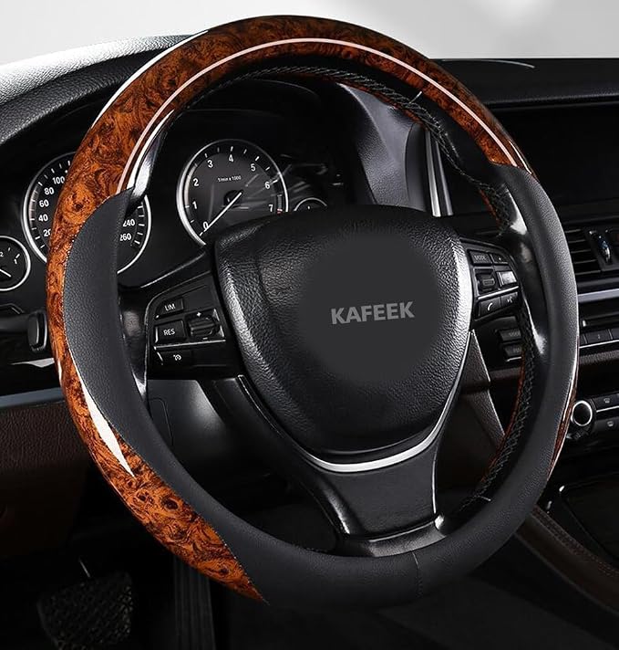 Wood Grain Steering Wheel Cover Microfiber Leather Universal 14 1/2-15 inch, Car Steering Wheel Cover Men Women, Comfortable, Anti-Slip, Odorless, Brown