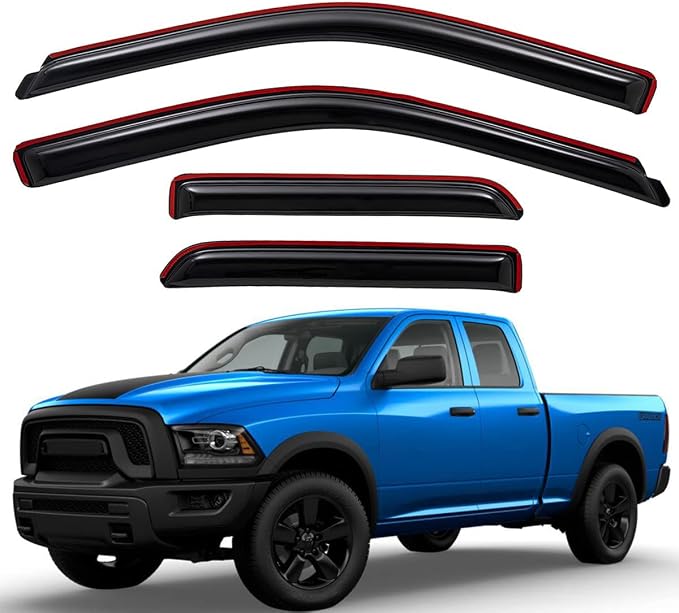 194101 Extra Durable Clip-on In-Channel Auto Vent Window Visors, Fits 2009-2010 Dodge Ram 1500, 2011-2018 Ram 1500, 2019-2024 Ram 1500 Classic, Quad Cab, UV-Protect Rain Guard, Smoke, 4-Pcs