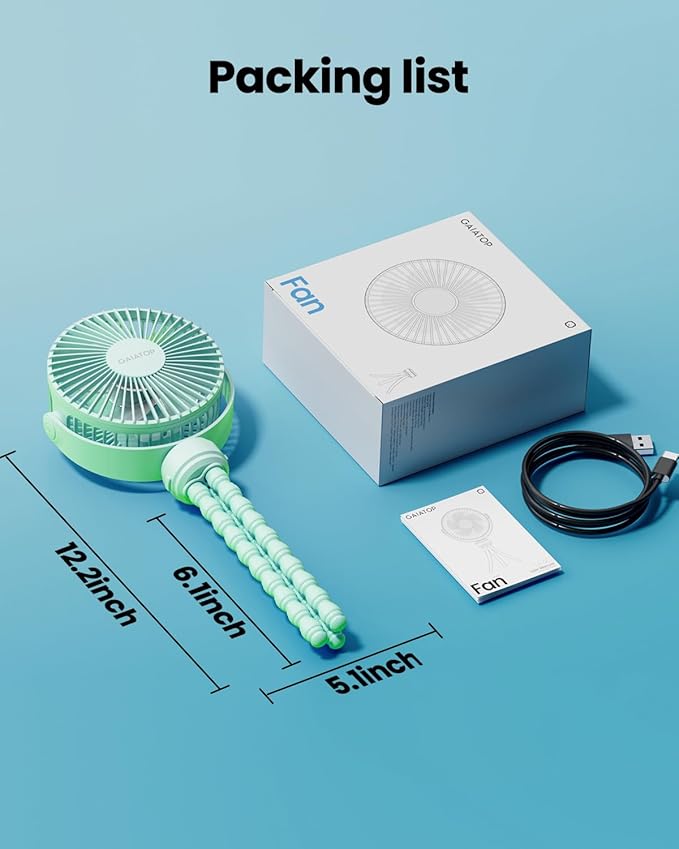Mini Portable Stroller Fan, Battery Operated Small Clip on, Detachable 3 Speed Rechargeable, 360° Rotate Flexible Tripod Better Cooling for Car Seat Crib Treadmill Travel Green