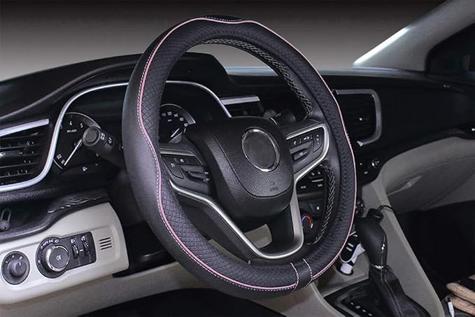 Universal Standard Size Steering Wheel Cover Anti-Slip,Safety,Soft,Breathable,Durable,Full Surround,Comfortable Grip Microfiber Leather (14.5-15 inch,Black Pink)