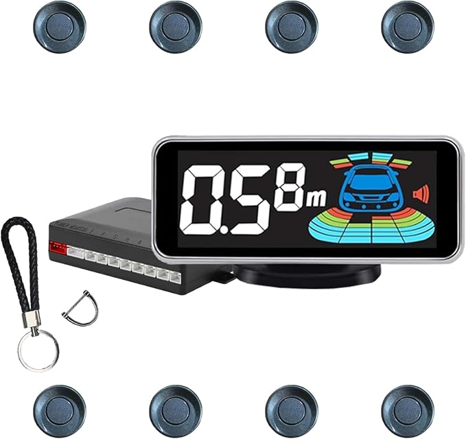 Backup Parktronic System Car Auto Vehicle Reverse with 8 Parking Sensors kit, LCD Display, Distance Detection (Meter/Foot Switchable), Buzzer Alarm and Voice Prompt Function（Livid Grey）