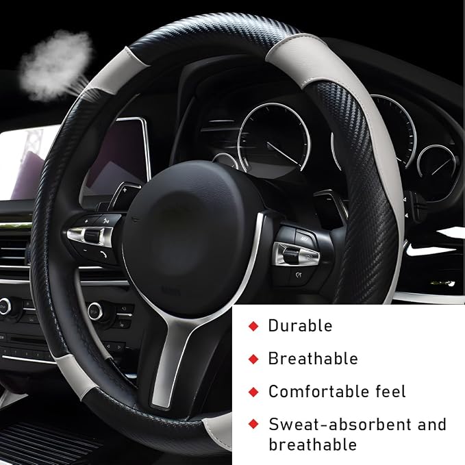 Car Steering Wheel Cover, 15 Inch Leather Breathable Auto Steering Wheel Protector, Comfortable Non-Slip Vehicle Steering Wheel Covers, Universal Car Accessories (White, with Lining)