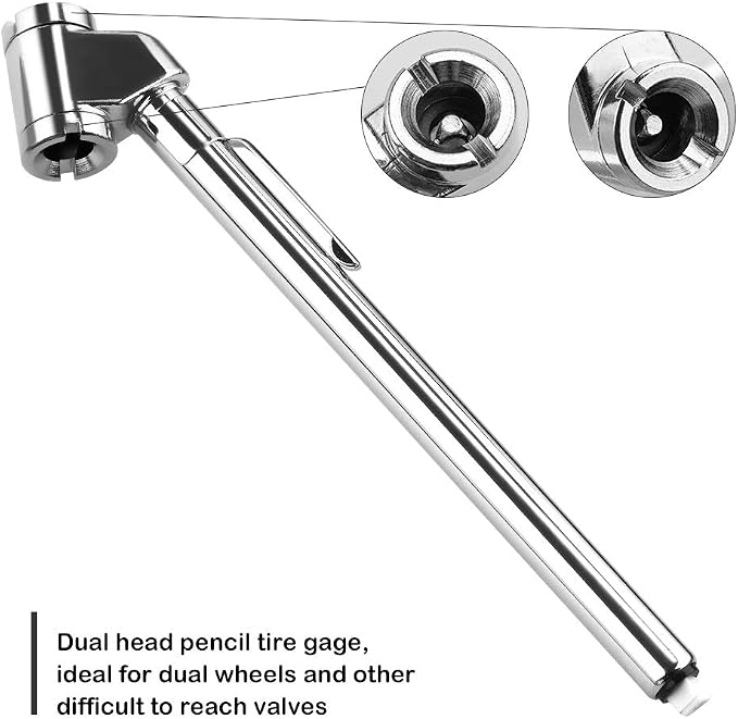 CZC AUTO Pencil Tire Pressure Gauge, Dual Head Trucks Air Gage, Accurate Mechanical Dually Chuck Wheel Service Checker, Stainless Steel Stem for Car RV ATV Motorcycle Bike, 10-120PSI (Silver, 1 Pack)