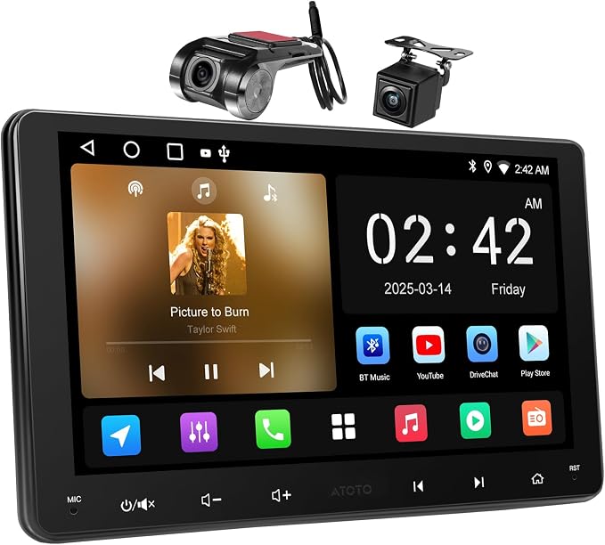 9" Android Double-DIN Car Stereo with 1080P Dashcam & Backup Camera, Wireless CarPlay Android Auto, WiFi/USB Tethering, 24B-EQ DSP/Bluetooth/FM/AM/GPS/SWC, HDMI Out, OTA Upgrade