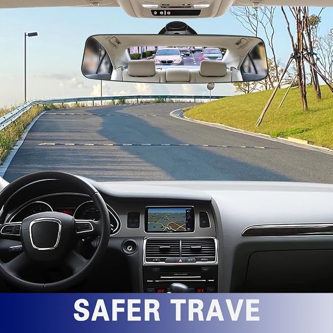 Auto Inside Rearview Mirror with Suction Cup, 12 inch HD Wide Angle Extended Curved Mirror, 360 Degrees Adjustable Wide Viewing Car Accessories Universal for Cars Trucks Boat
