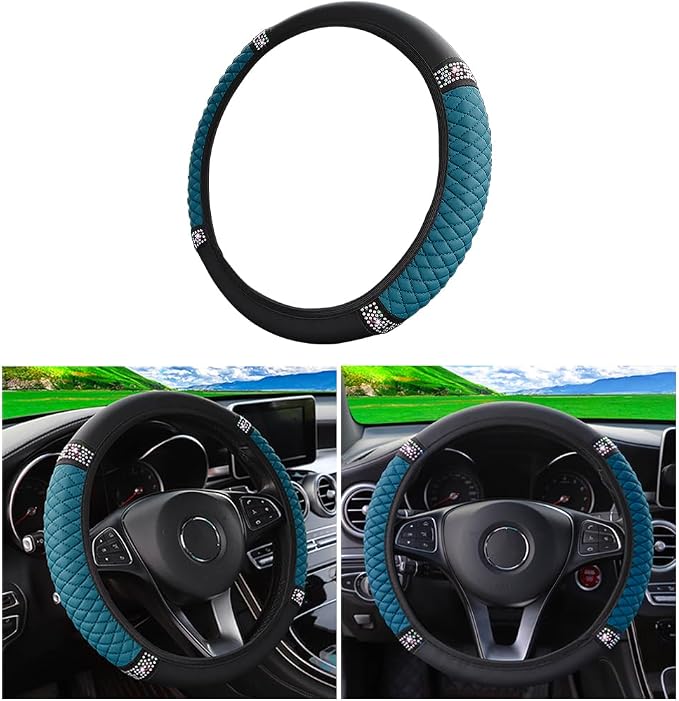 Bling Car Steering Wheel Cover, 15 Inch Rhinestones Soft Leather Elastic Steering Wheel Protector, Sparkly Crystal Diamond for Women Girls (Black Green)