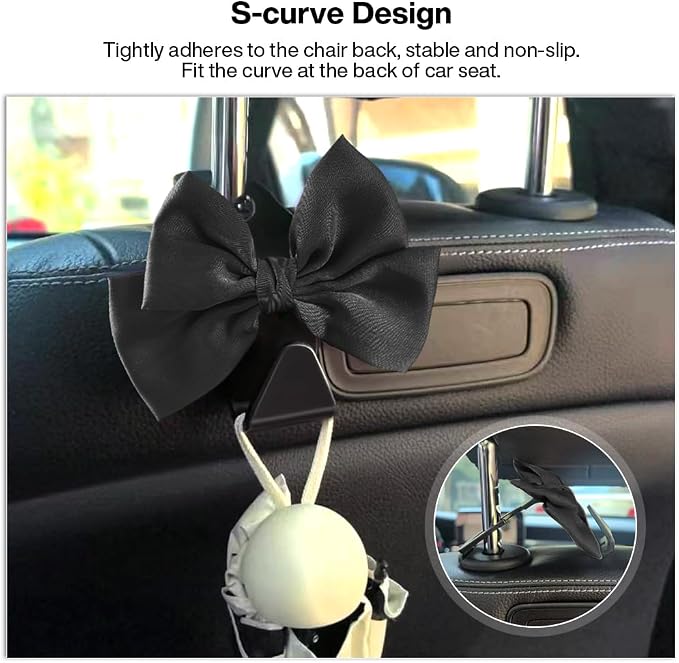 2 Pack Car Seat Headrest Hook, Auto Seat Hook Hangers Storage Organizer Interior Accessories for Handbag Clothes Coats Grocery Bags (Black silk)