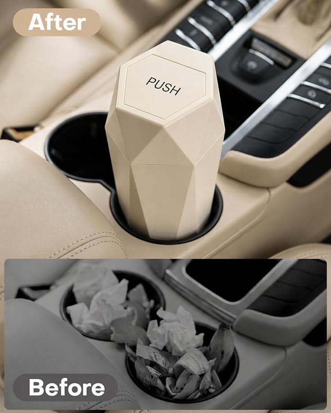 Car Trash Can with Lid - 1 Pack, Car Accessories for Interior, Leakproof Vehicle Garbage Can with 15 Attached Trash Bags, Multipurpose Organizers and Storage for Home, Office, Beige