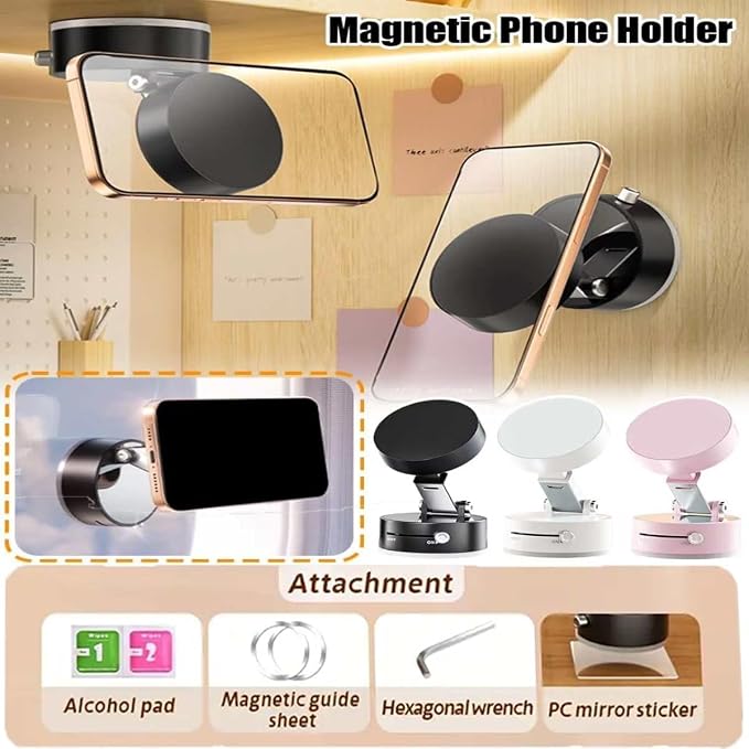 Foldable Magnetic Vacuum Phone Holder, 360° Electric Suction Car Mount, Double-Sided Swivel Stand for Car, Mirror, Gym, Kitchen, Hands-Free Portable Phone Holder (Black)