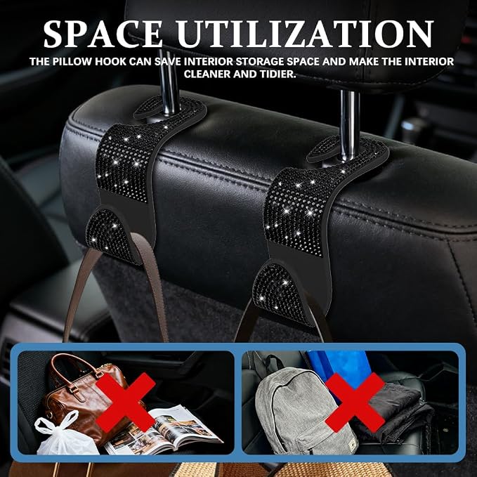 4PCS Bling Car Seat Headrest Hooks, Purse Holder for Car, Vehicle Back Seat Purse Handbag Hanging Holder with Crystal Rhinestone, Diamond Car Rear Seat Organizer for Vehicles (Black)