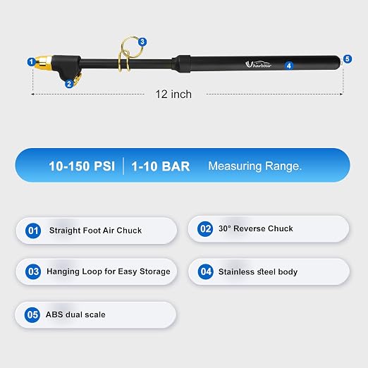 UHARBOUR Dual Head Tire Pressure Gauge 10-150PSI, Heavy Duty Semi Truck Tire Pressure Gauge 1-10 Bar, Air Pressure Gauge for Tires Extended Tube for Semi Truck, RV, Car, Motorcycle(Pack of 2)