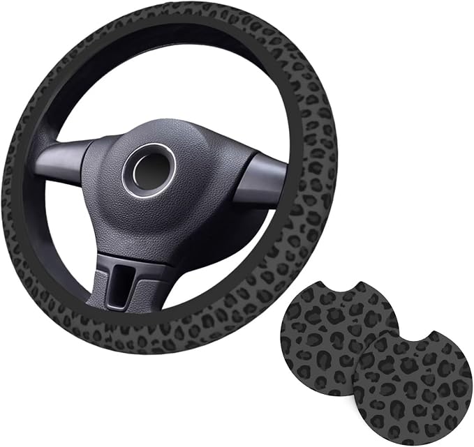 Black Leopard Print Steering Wheel Cover 15 Inch Black Cheetah Steering Wheel Cover Anti-Slip Breathable Universal 2 Pcs Car Interior Cup Holder Pad for Men Women