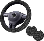 Black Leopard Print Steering Wheel Cover 15 Inch Black Cheetah Steering Wheel Cover Anti-Slip Breathable Universal 2 Pcs Car Interior Cup Holder Pad for Men Women
