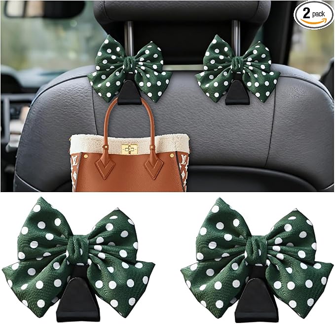 2PCS Car Seat Headrest Hook, Cute Bow Backseat Hanger Holder for Purse Bag Handbag Coat, Auto Interior Seat Back Grocery Storage Organizer Hook, Universal for Vehicles (Green Polka Dots)