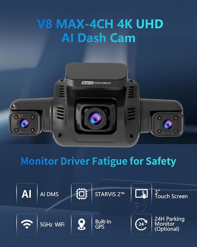 AI 4K Dash Cam Front and Rear Recording with Driver Monitoring System, 360° View 4 Channel Dashcam Car Camera, STARVIS 2 Night Vision, 5G Wi-Fi GPS, 3" Touch Screen, with 64GB Card, V8 MAX