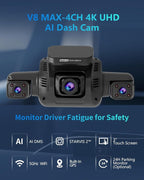 AI 4K Dash Cam Front and Rear Recording with Driver Monitoring System, 360° View 4 Channel Dashcam Car Camera, STARVIS 2 Night Vision, 5G Wi-Fi GPS, 3" Touch Screen, with 64GB Card, V8 MAX