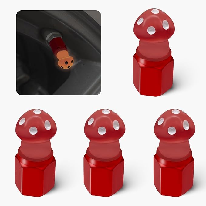 4 Pack Cute Mushrooms Tire Valve Caps, Glow in The Dark, Universal Fit for Cars, Motorcycles, Trucks, and Bicycles (Red)