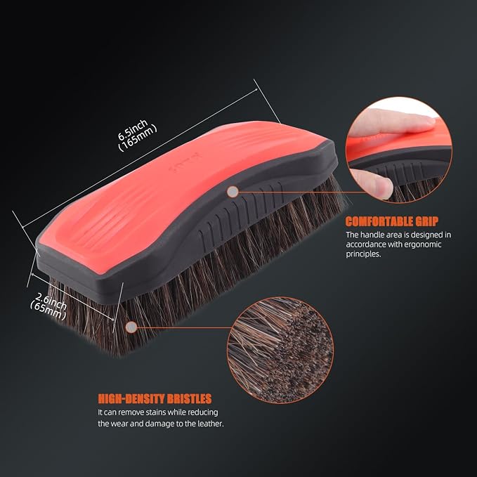 Leather Cleaner Brush, 2Pcs Fine Long Bristle Horse Hair Brush for Car Detailing,Ideal for Car Interiors,Furniture, Sneakers, Boots,and More -Safe for Natural, Synthetic, Faux, and Pleather