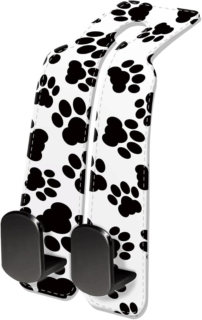 Car Seat Headrest Hook, Universal Leather Cute Hanger Holder Hook, Storage Organizer Interior Accessories for Purse Bags Handbag Black White Dog Paws