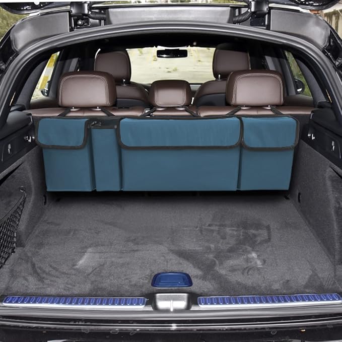 Car Trunk Organizer, Backseat Hanging Large Storage with Adjustable Straps, Waterproof Collapsible Cargo Bag with 4 Pockets, Sturdy Space Saver Frees Trunk Floor for SUV, Truck, MPV