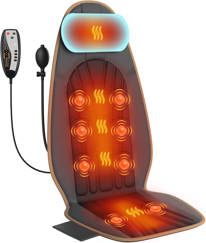 Massage Seat Cushion with Heat for Neck and Back, 3 Heating Areas & 5 Massage Modes, Electric Back Massager for Office Chair and Home Seat