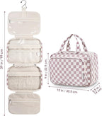 Travel Toiletry Bag for Women Large Hanging Makeup Bag Organizer Toiletries Bag for Full Size Essentials Accessories Cosmetics (Dusty Pink Checkerboard (Large))