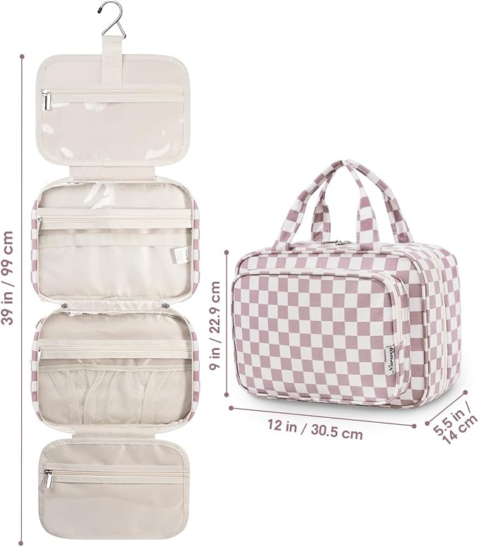 Travel Toiletry Bag for Women Large Hanging Makeup Bag Organizer Toiletries Bag for Full Size Essentials Accessories Cosmetics (Dusty Pink Checkerboard (Large))