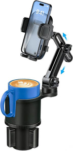 Cup Phone Holder for Car with Expandable Base, 2 in 1 Height-Adjustable Dual Cell Phone Holders Car Cupholder Mount, Friendly Fit Large Bottle & iPhone All Cellphone for Truck SUV | No Shake Design