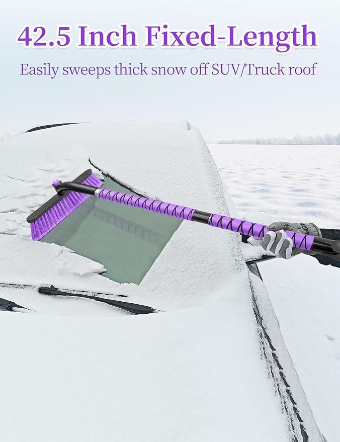 42.5 Inch Car Scraper Snow Brush, 12.6 Inch Large Brush Head with Ice Scraper for Window Windshield, Portable Snow Scraper for SUV Truck Vehicle RV Auto - Purple