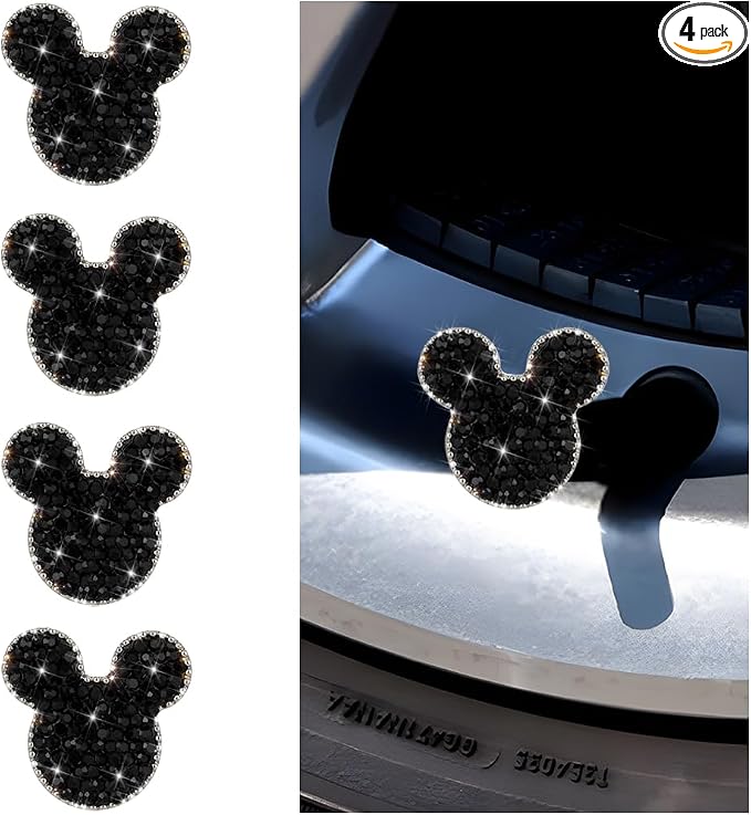Bling Car Tire Valve Stem Caps, 4PCS Dustproof Crystal Rhinestone Cartoon Mouse Design, Sparkling Attractive Auto Wheel Decoration Accessories, Universal Fit (Black)