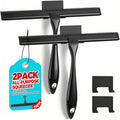2pcs Shower Squeegee for Glass Doors with Adhesive Hanging Hook Set | 10” black, bathroom accessories, window cleaner, new home essentials, soft rubber blade, metal handle, ergonomic grip