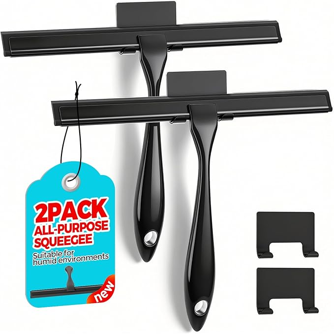 2pcs Shower Squeegee for Glass Doors with Adhesive Hanging Hook Set | 10” black, bathroom accessories, window cleaner, new home essentials, soft rubber blade, metal handle, ergonomic grip