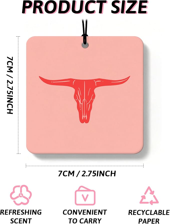 Boho Western Pink Orange Car Air Freshener 4 Pcs, Preppy Cow Skull Cactus Cowgirl Boots Square Hanging Air Freshener for Closet Drawer Books, Western Car Accessories Mirror Decor for Women