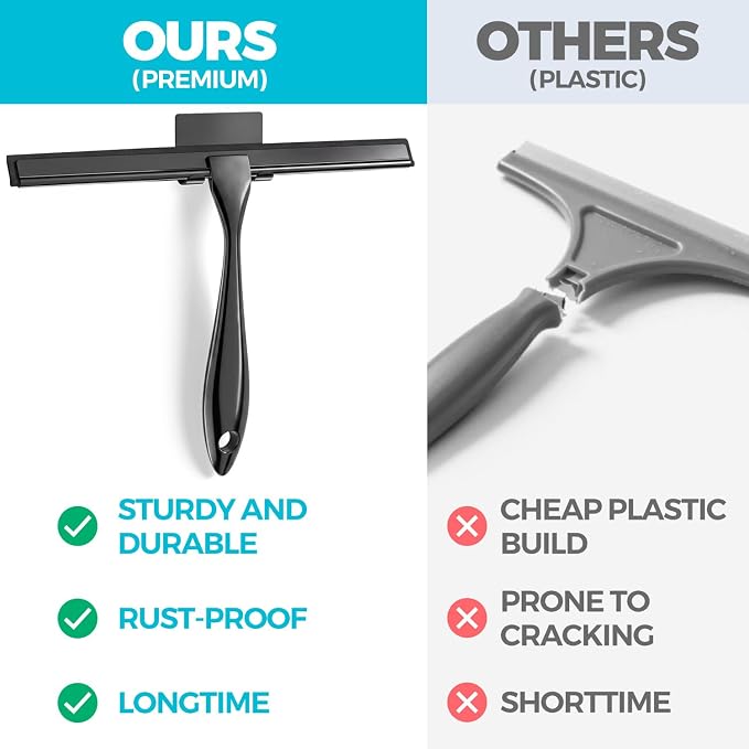 2pcs Shower Squeegee for Glass Doors with Adhesive Hanging Hook Set | 10” black, bathroom accessories, window cleaner, new home essentials, soft rubber blade, metal handle, ergonomic grip