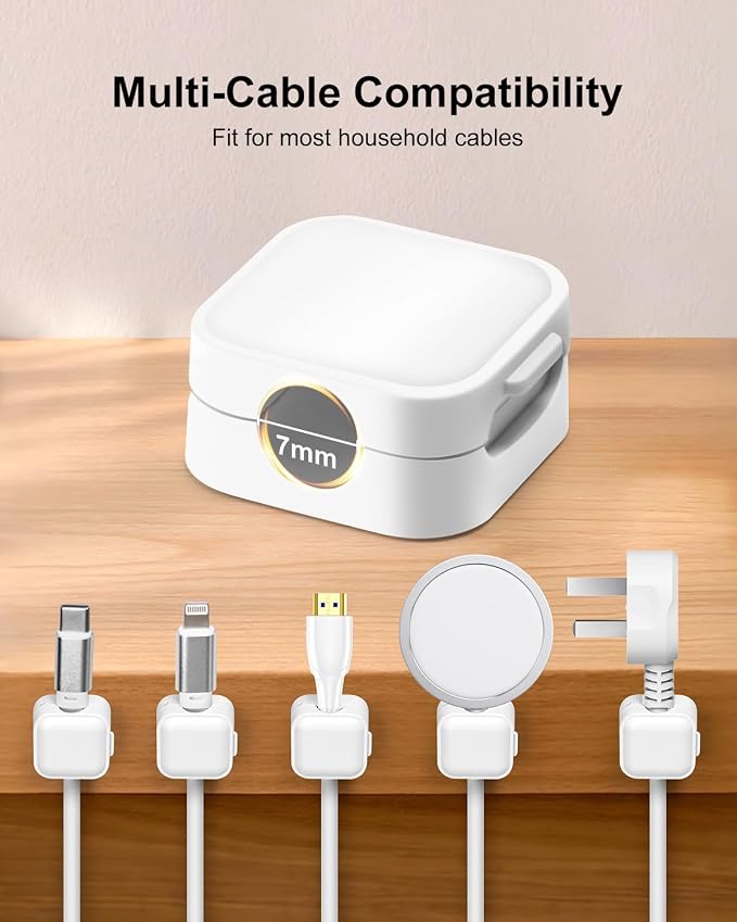 8 Pack Magnetic Cable Clips, White Cable Management Accessories, Cord Smooth Adjustable & Adhesive Backing Cord Organizer for Office Home Organization, Desk, Wall, Nightstand, Phone, Car