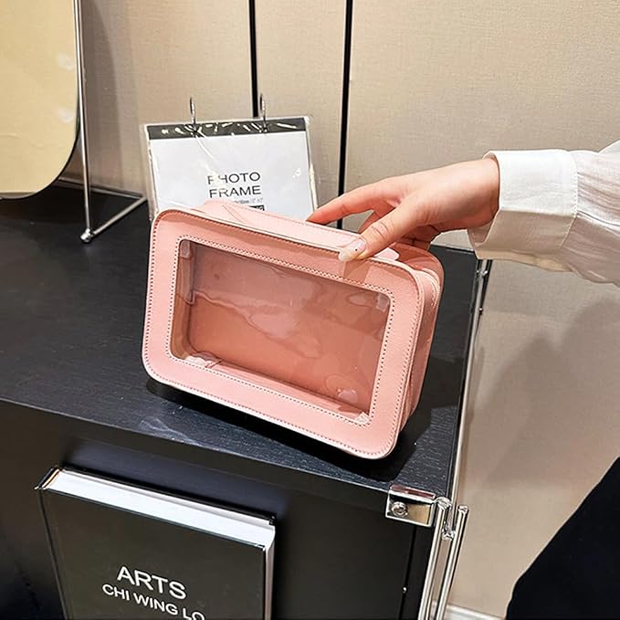 Clear Makeup Bag, Pink Travel Makeup Pouch Toiletry Bag for Women Waterproof Small Cosmetic Bag Case Small Make Up Bag with Zipper Car Organizer Car Essentials for Women Men