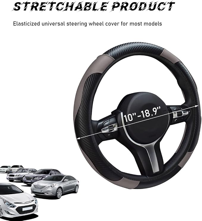 Car Steering Wheel Cover, 15 Inch Leather Breathable Auto Steering Wheel Protector, Comfortable Non-Slip Vehicle Steering Wheel Covers, Universal Car Accessories (Gray, with Lining)