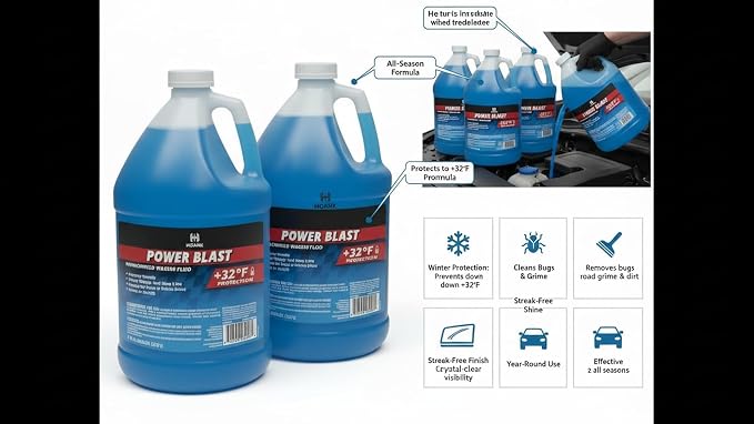 (6 Gallons) - Power Blast Windshield Washer Fluid, +32°F Protection, Blue, 1 Gallon Jug, Ready to Use (6 GALLONS, Blue Power Blast +32°F)