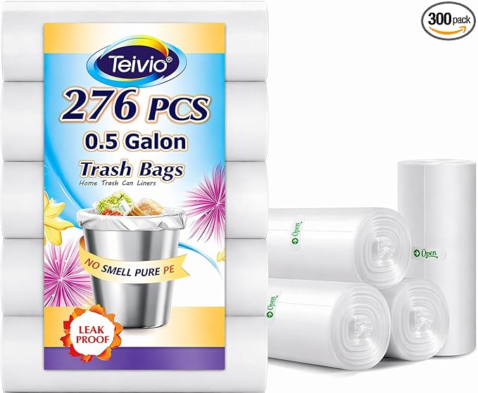 0.5 Gallon Mini 11" x 12" Small Clear Trash Bags, Tiny Bathroom Garbage Can Liners by, Small Plastic Bags for Desktop Trash Bin/Dog/Poop Car, Fit 2 Liters or Less Can (300 Counts, Clear)