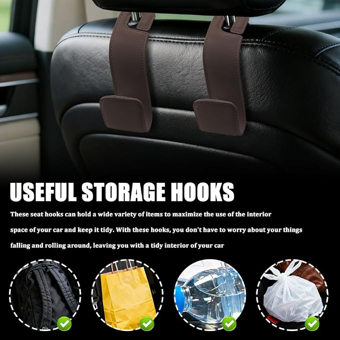 Car Seat Headrest Hooks, Purse Hook for Car, Automotive Headrest Handbags Holder, Auto Accessories Leather Seatback Organizer Hanger for Hanging Purses Bags Coats (Brown, 1PCS)